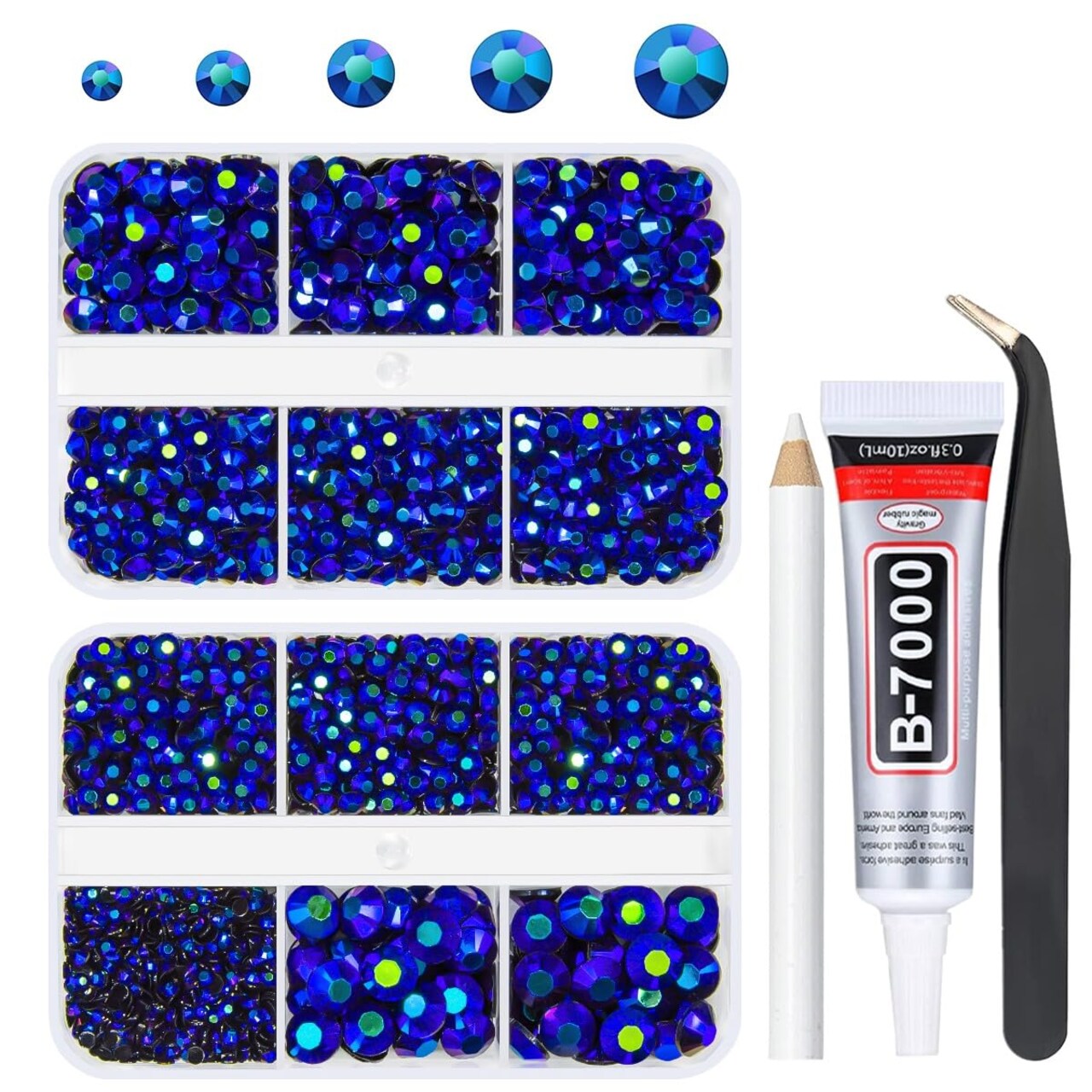 qiipii Sapphire Blue AB Resin Rhinestones w B7000 Glue for Bedazzling Crafting 2mm-6mm Black AB Flatback Jelly Stones Diamonds Gems for Face Eyes Makeup Tumblers Bottles Crafts Clothes Shoes Phones